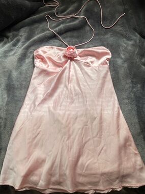 Lucy in the Sky Light Pink Satin Mini Dress with Rose Detail